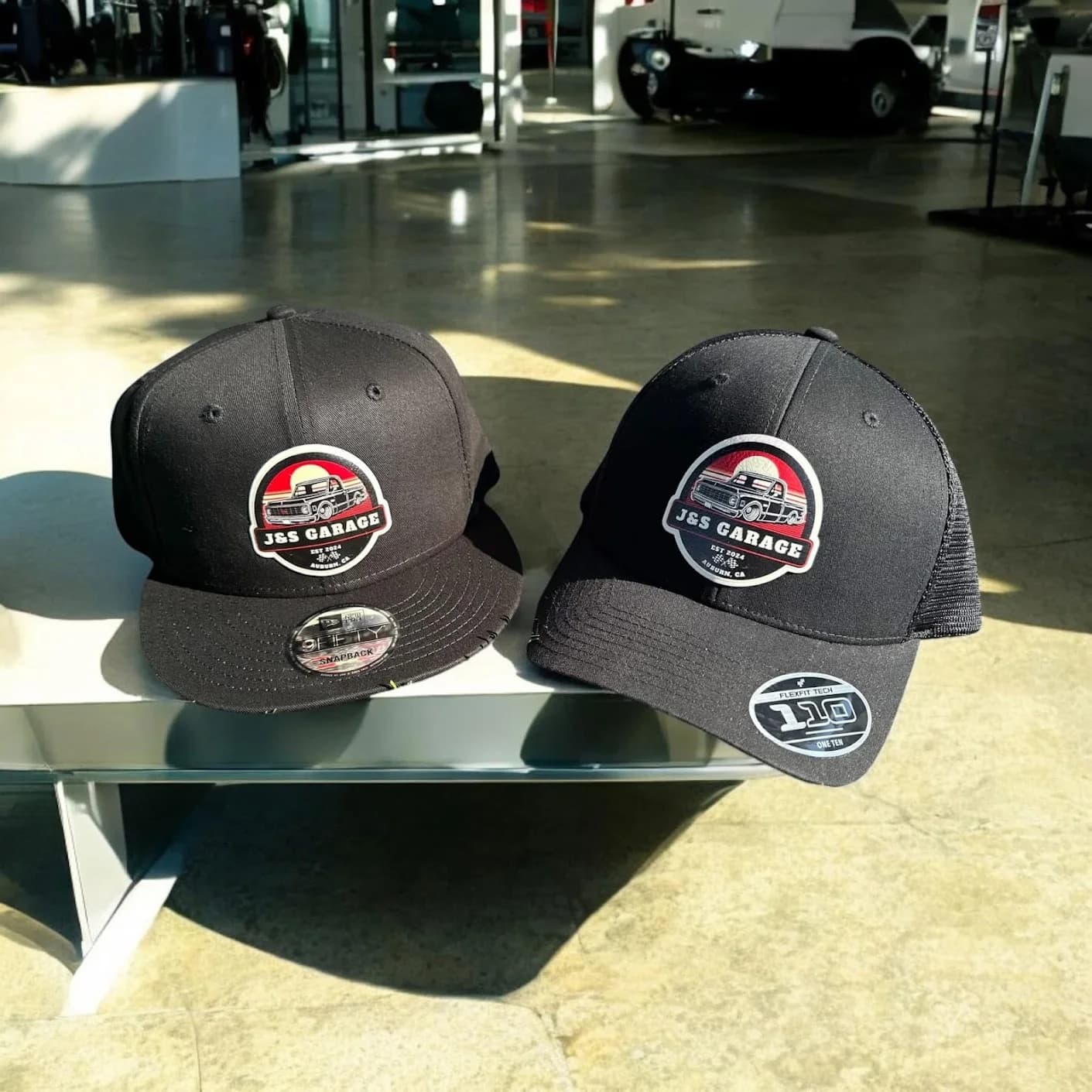 UV printed leather patch hat with custom logo, produced by Inca Threads for a Sacramento flooring company.