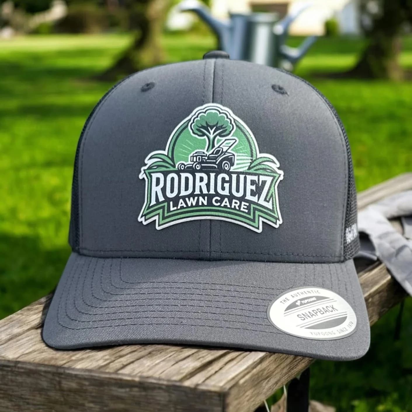 UV printed leather patch hat with custom logo, produced by Inca Threads for a Sacramento lawn care company.