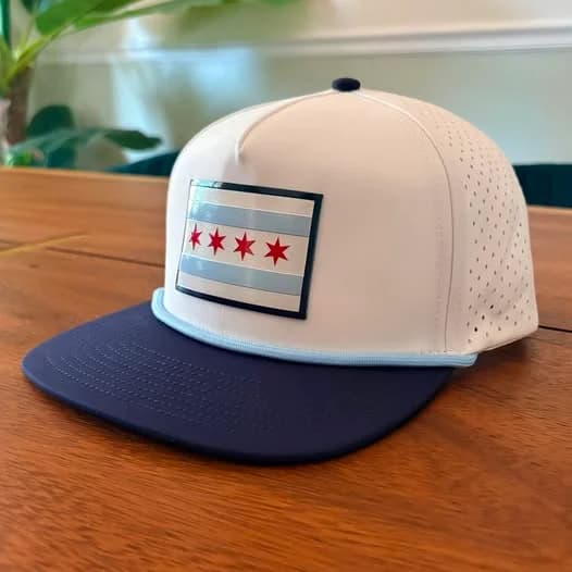 UV printed leather patch caps with a playful western design, made by Inca Threads in Sacramento, California.