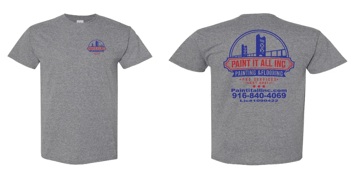 Custom printed T-shirts with front and back designs, produced by Inca Threads for a Sacramento painting company.