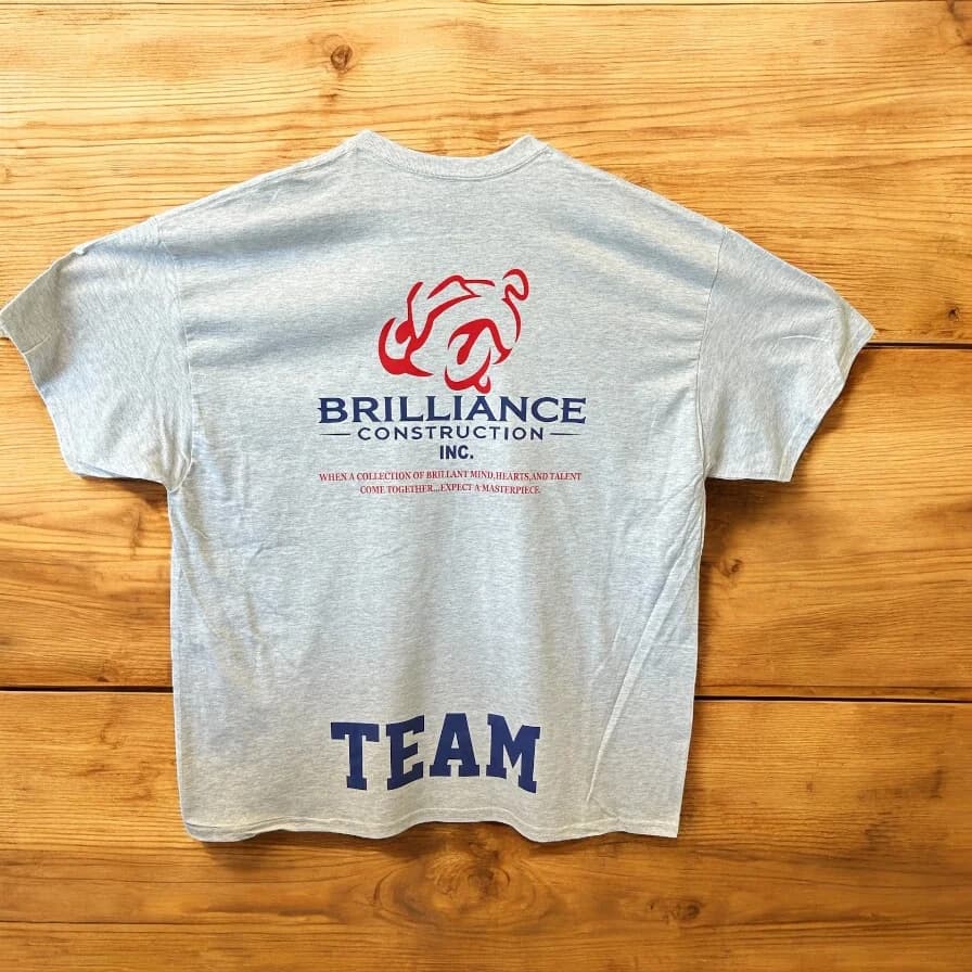 Custom printed crew T-shirt with back design, made by Inca Threads for a Sacramento construction company.