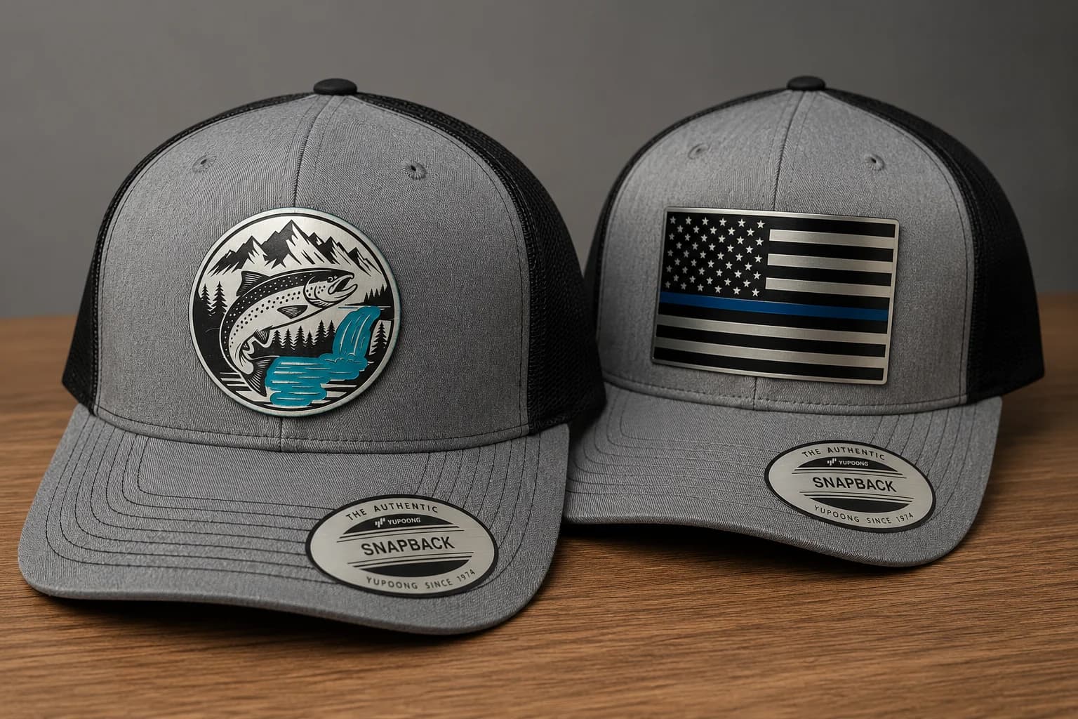 Custom acrylic patch hats featuring detailed engraved designs, made by Inca Threads in Sacramento, California.