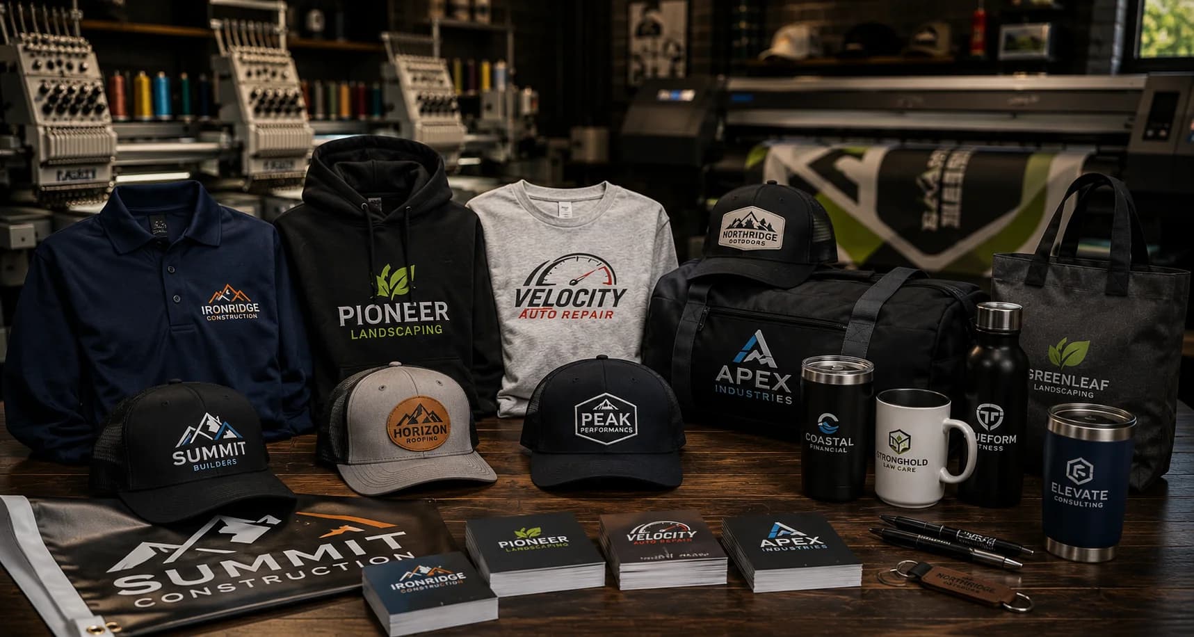 A curated spread of custom apparel, hats, and promotional products created by Inca Threads in Sacramento.