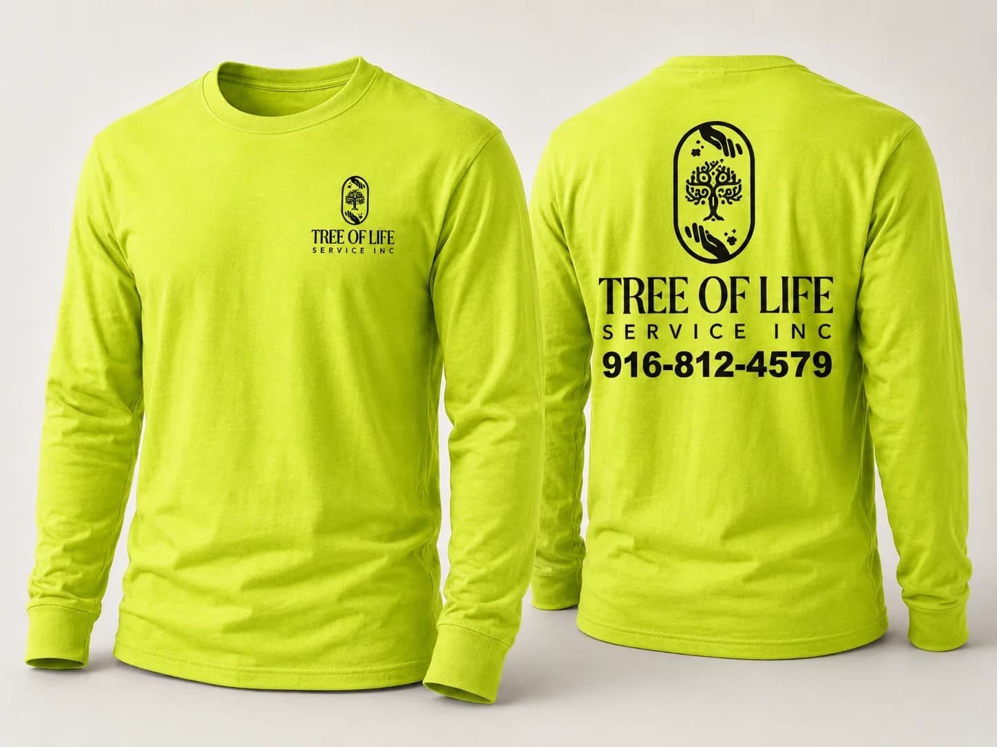 Custom printed high-visibility long sleeve shirt with front and back logo design by Inca Threads in Sacramento.