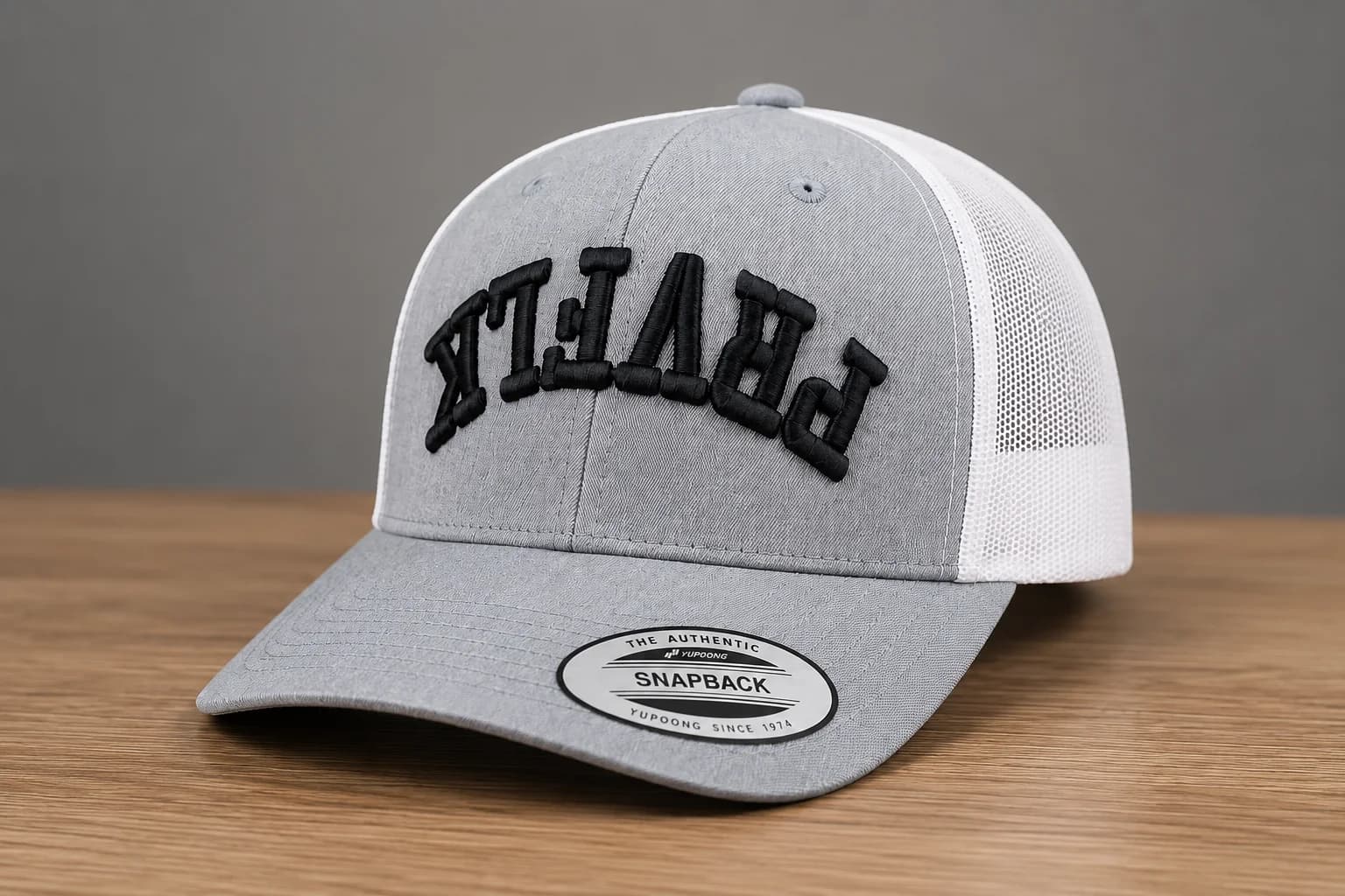 Gray trucker hat with bold 3D puff embroidered lettering, custom stitched by Inca Threads in Sacramento.