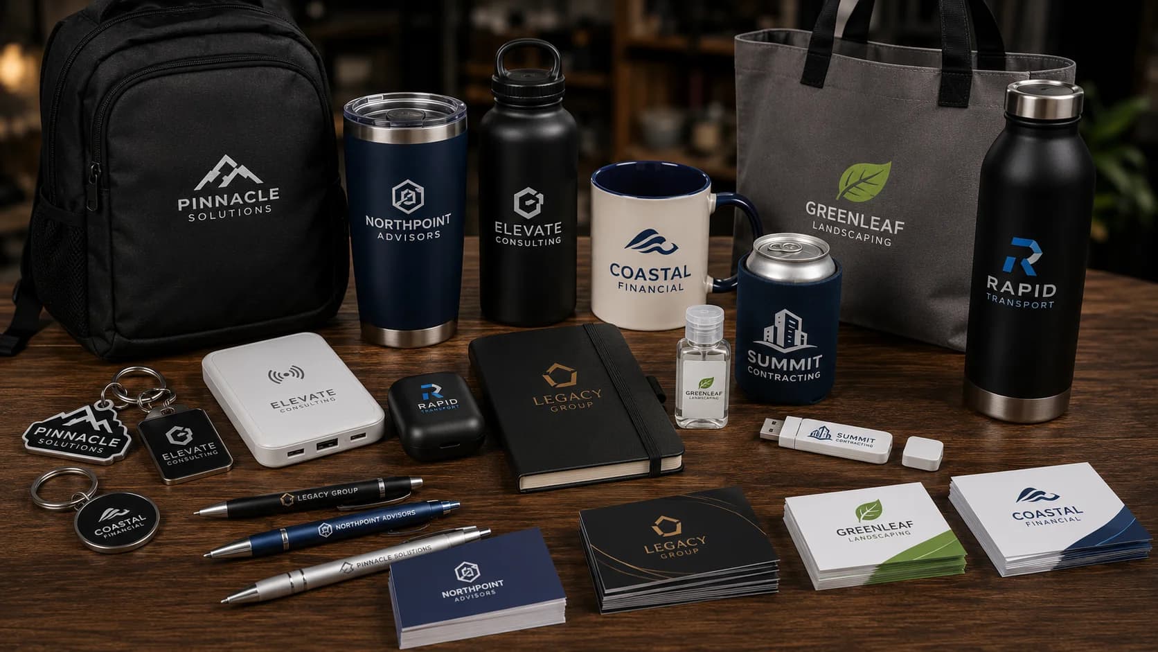 Custom promotional products including mugs, tumblers, tote bags, and pens branded by Inca Threads in Sacramento.