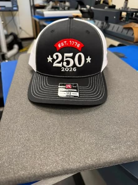 Embroidered 250th anniversary commemorative cap created by Inca Threads for a Sacramento community celebration.