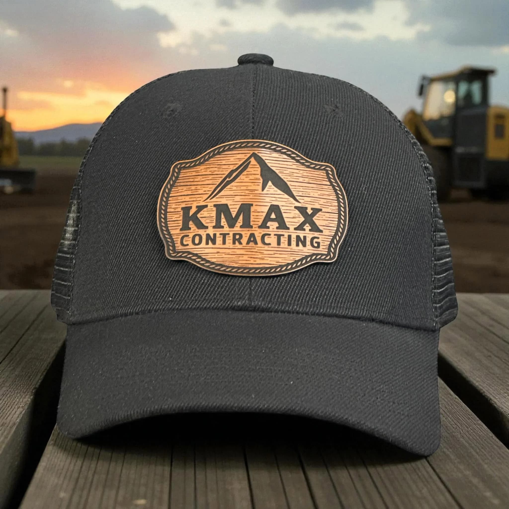 Leather patch cap with custom KMAX Contracting logo, made by Inca Threads for a Sacramento-area business.