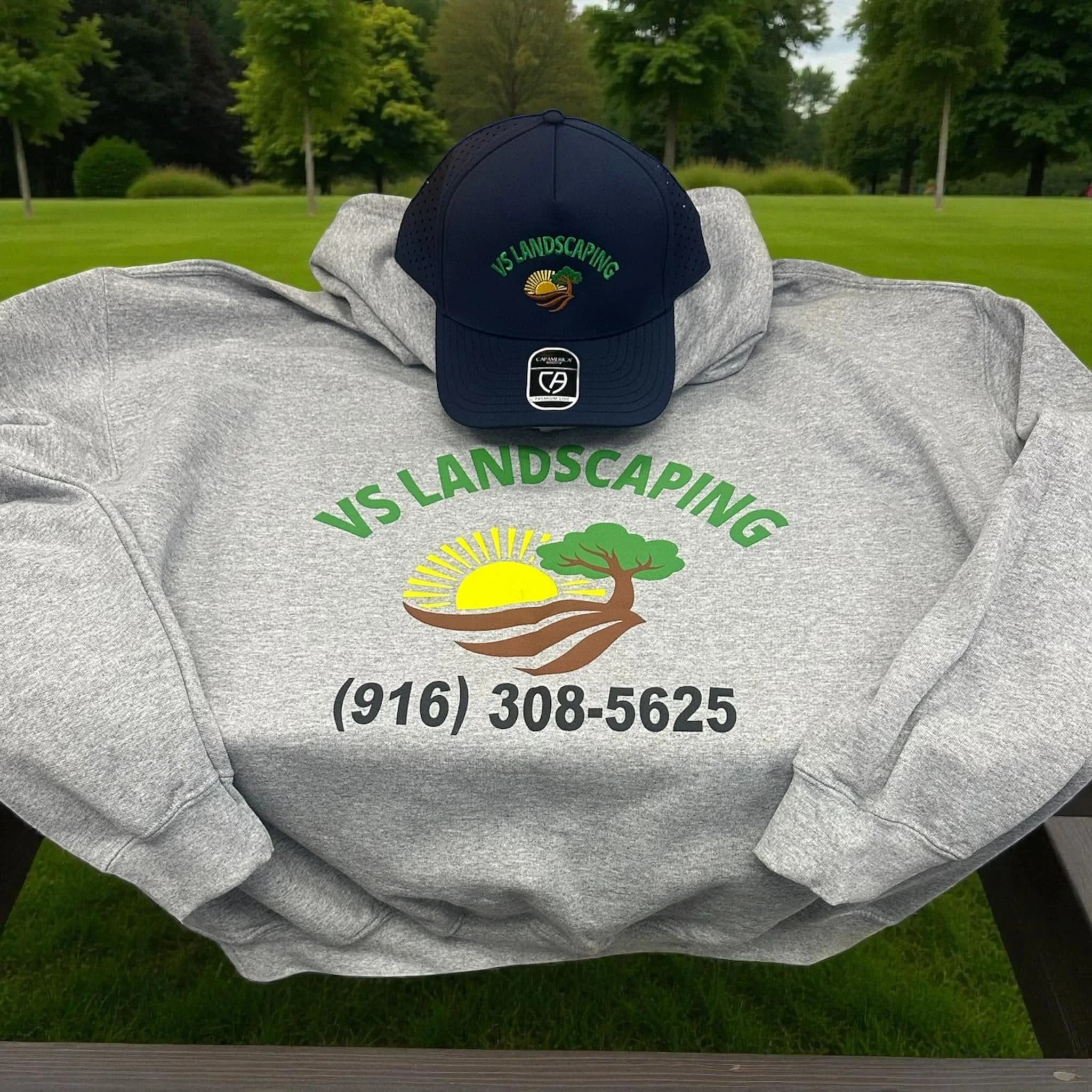 VS Landscaping corporate apparel set with matching embroidered logos, made by Inca Threads in Sacramento.