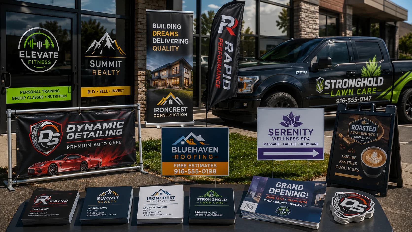 Custom business cards, banners, yard signs, and vehicle graphics printed by Inca Threads in Sacramento.