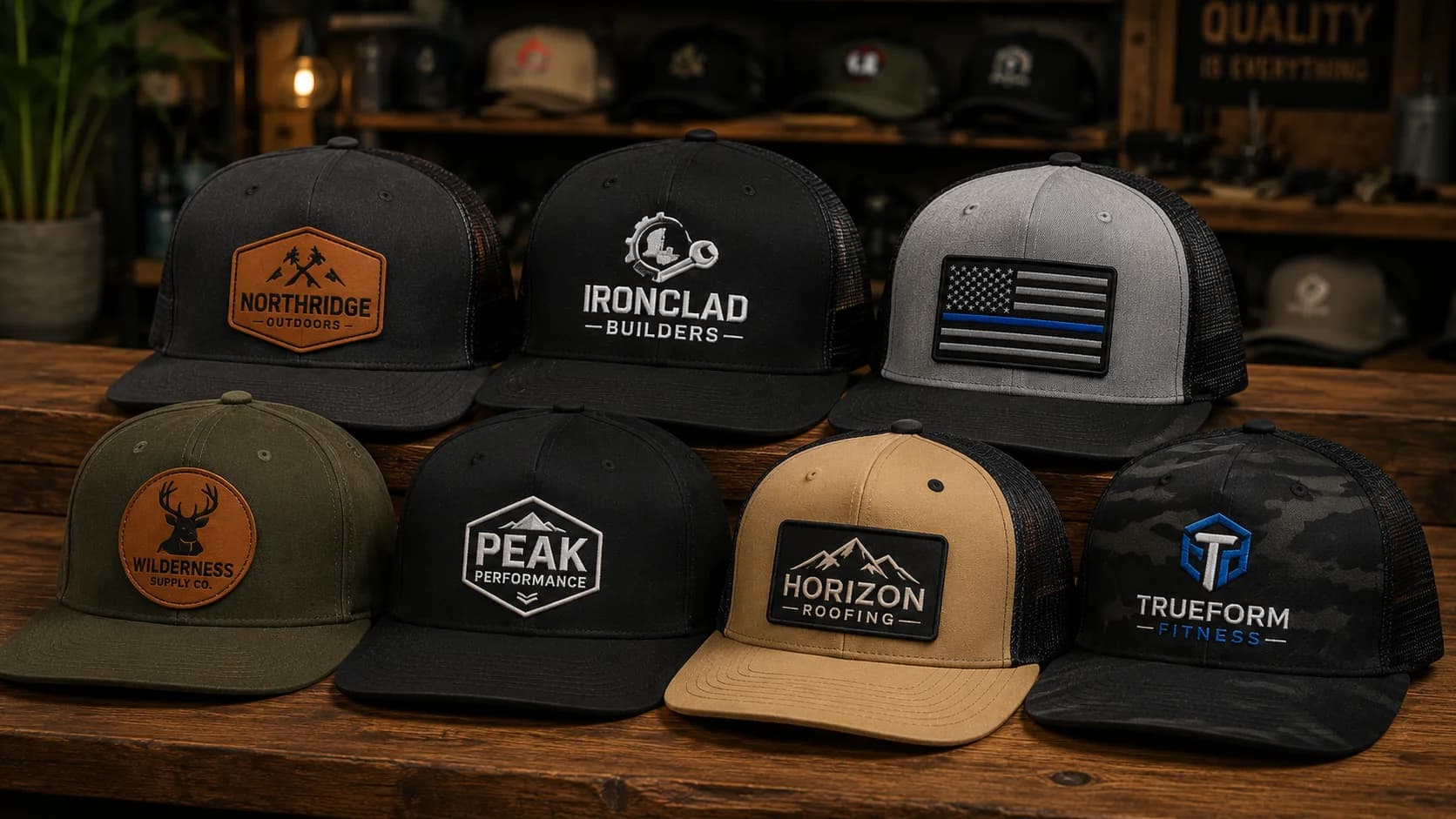 Custom embroidered and leather patch hats featuring a variety of styles, made by Inca Threads in Sacramento.